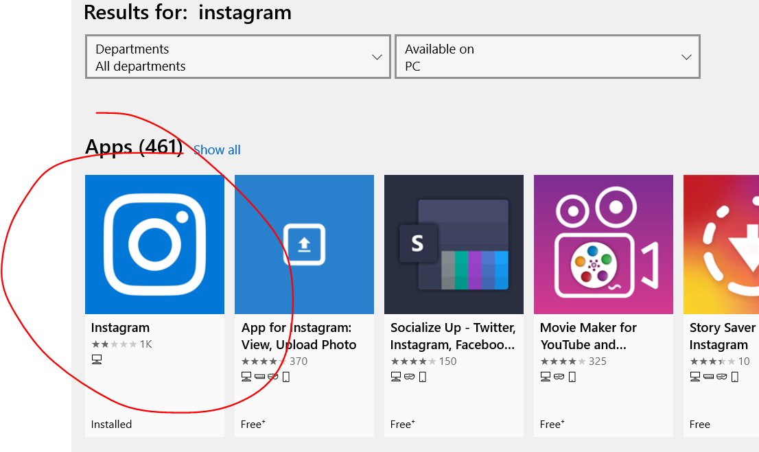 Instagram on the Microsoft Store